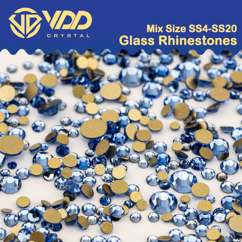 VDD 028 Lt.Sapphire Mix Size SS4-SS20 Clear Crystal Rhinestones Non-hotfix Gold Flatback Glitter Stones Nail Art Crafts DIY Decorations