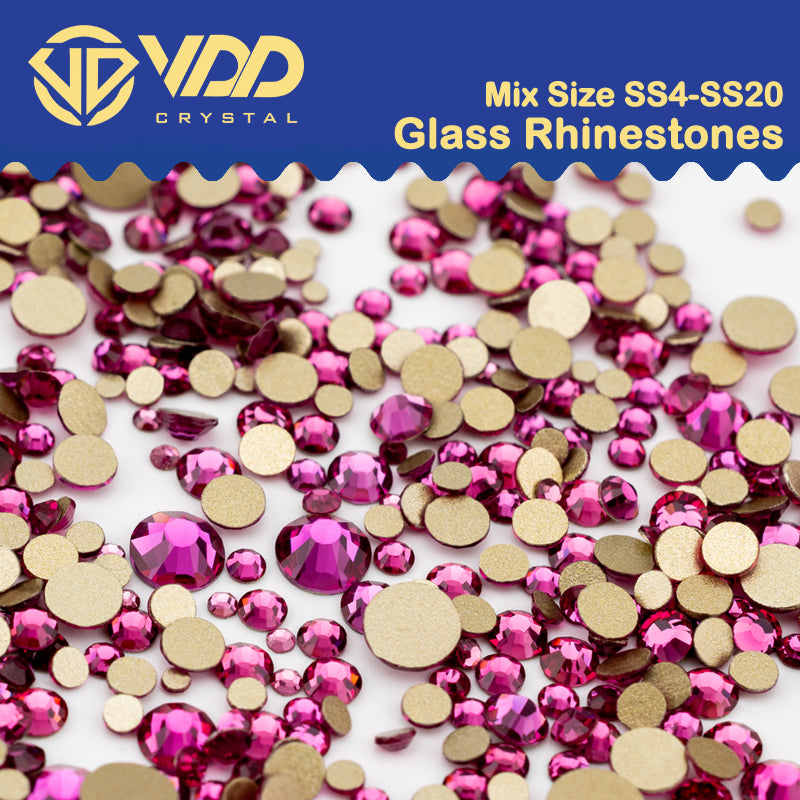 VDD 042 Fuchsia Mix Size SS4-SS20 Clear Crystal Rhinestones Non-hotfix Gold Flatback Glitter Stones Nail Art Crafts DIY Decorations