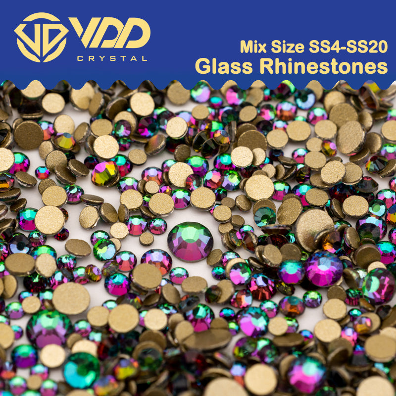 VDD 064 Green Flare Mix Size SS4-SS20 Clear Crystal Rhinestones Non-hotfix Gold Flatback Glitter Stones Nail Art Crafts DIY Decorations