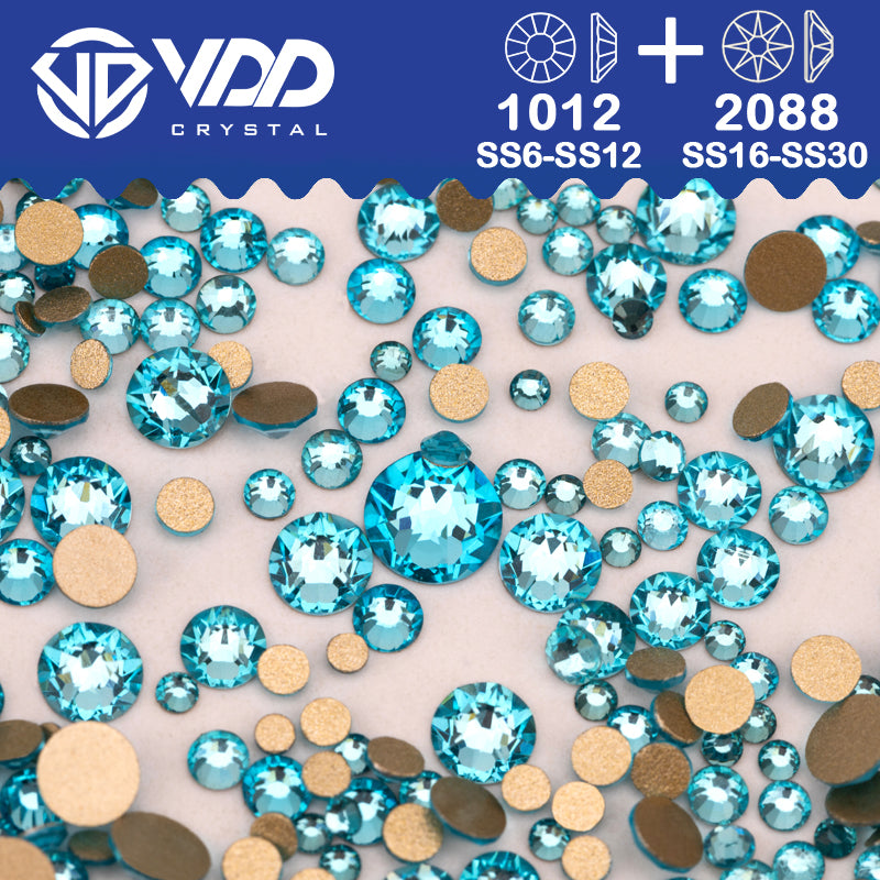 VDD 027 Aquamarine Wholesale Mix Size SS6-SS30 High Quality Glass 2088 Rhinestones Crystal Gold Flatback Strass Stones Nail Art DIY Decorations