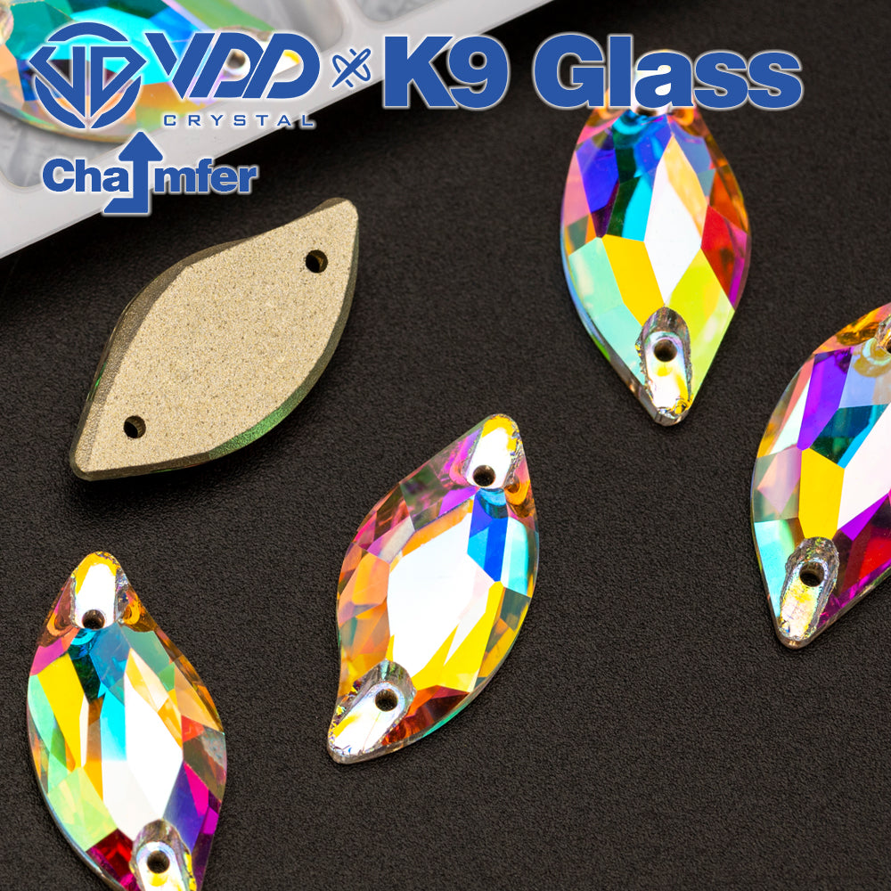 VDD S255 Crystal AB Leaf Top Quality K9 Glass Sew on Rhinestones Crystal Flatback Sewing Stones for Clothes Decorations