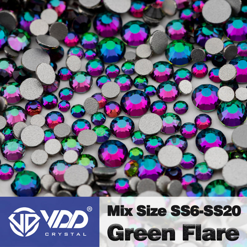 VDD 064 Green Flare Mix Size SS6-SS20 High Quality Glass Rhinestones Crystal Flatback Glitter Stones Nail Art DIY Crafts Decorations