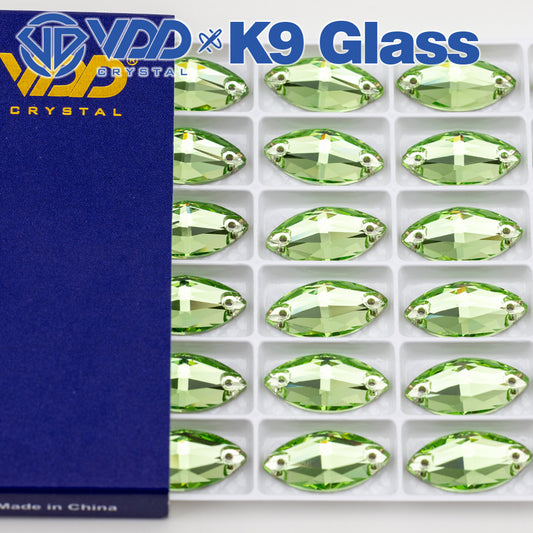 VDD S112 Lt.Peridot Navette Top Quality K9 Glass Sew on Rhinestones Crystal Flatback Sewing Strass Stones for Garment Decorations