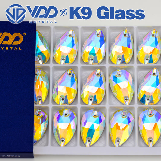 VDD S255 Crystal AB Pear Top Quality K9 Glass Sew on Rhinestones Crystal Flatback Sewing Strass Stones for DIY Garment Decorations