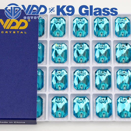 VDD S116 Aqua Blue Emerald Cut  Top Quality K9 Glass Sew on Rhinestones Crystal Flatback Sewing Stones for Clothes Decorations