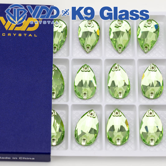 VDD S112 Lt.Peridot  Pear Top Quality K9 Glass Sew on Rhinestones Crystal Flatback Sewing Strass Stones for DIY Garment Decorations