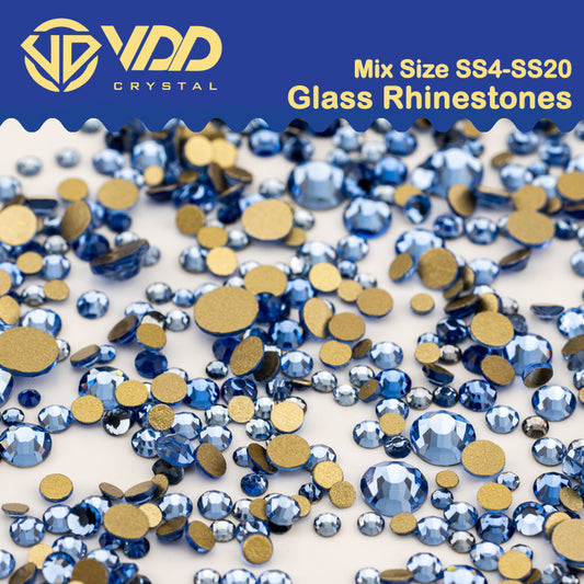 VDD 028 Lt.Sapphire Mix Size SS4-SS20 Clear Crystal Rhinestones Non-hotfix Gold Flatback Glitter Stones Nail Art Crafts DIY Decorations
