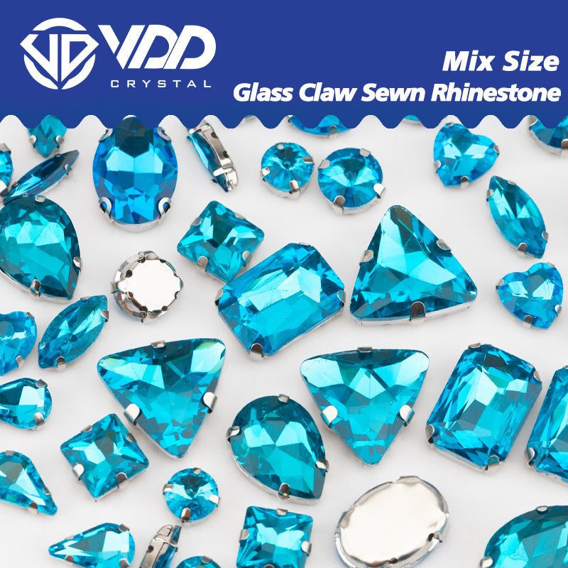 VDD  Aquamarine Multi Shape Mix Size Glass Sew on Rhinestones Crystal Flatback Stones For DIY Shoes Accessories