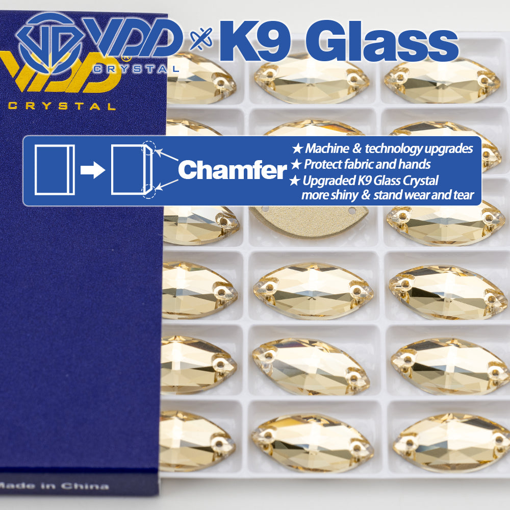 VDD S257 Golden Shadow  Navette Top Quality K9 Glass Sew on Rhinestones Crystal Flatback Sewing Strass Stones for Garment Decorations