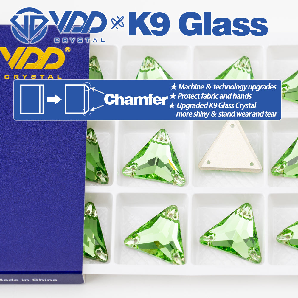 VDD S112 Lt.Peridot Triangle Top Quality K9 Glass Sew on Rhinestones Crystal Flatback Sewing Stones for Clothes Decorations