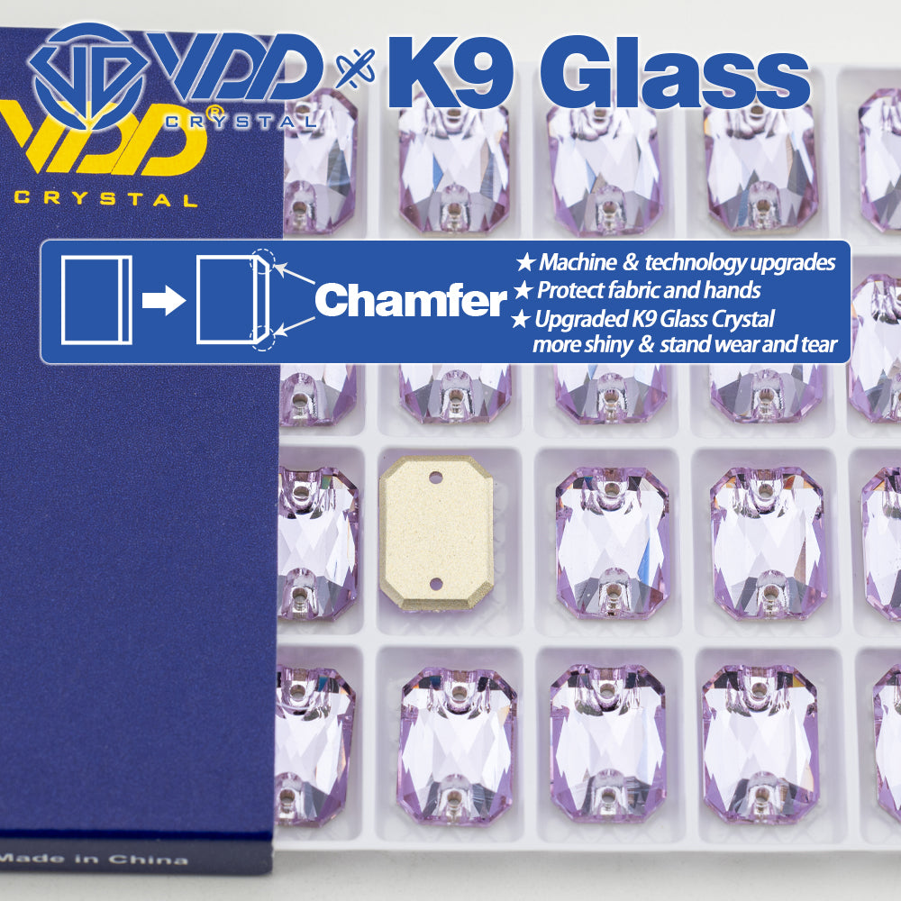 VDD S122 Violet Emerald Cut  Top Quality K9 Glass Sew on Rhinestones Crystal Flatback Sewing Stones for Clothes Decorations