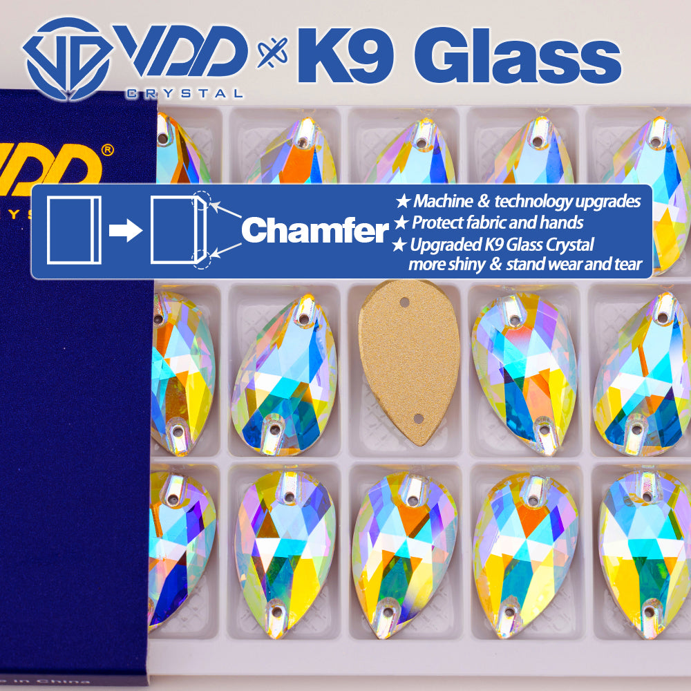 VDD S255 Crystal AB Pear Top Quality K9 Glass Sew on Rhinestones Crystal Flatback Sewing Strass Stones for DIY Garment Decorations