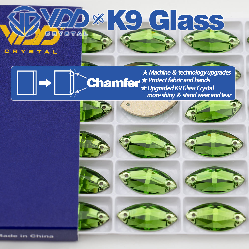 VDD S113 Fern Green Navette Top Quality K9 Glass Sew on Rhinestones Crystal Flatback Sewing Strass Stones for Garment Decorations
