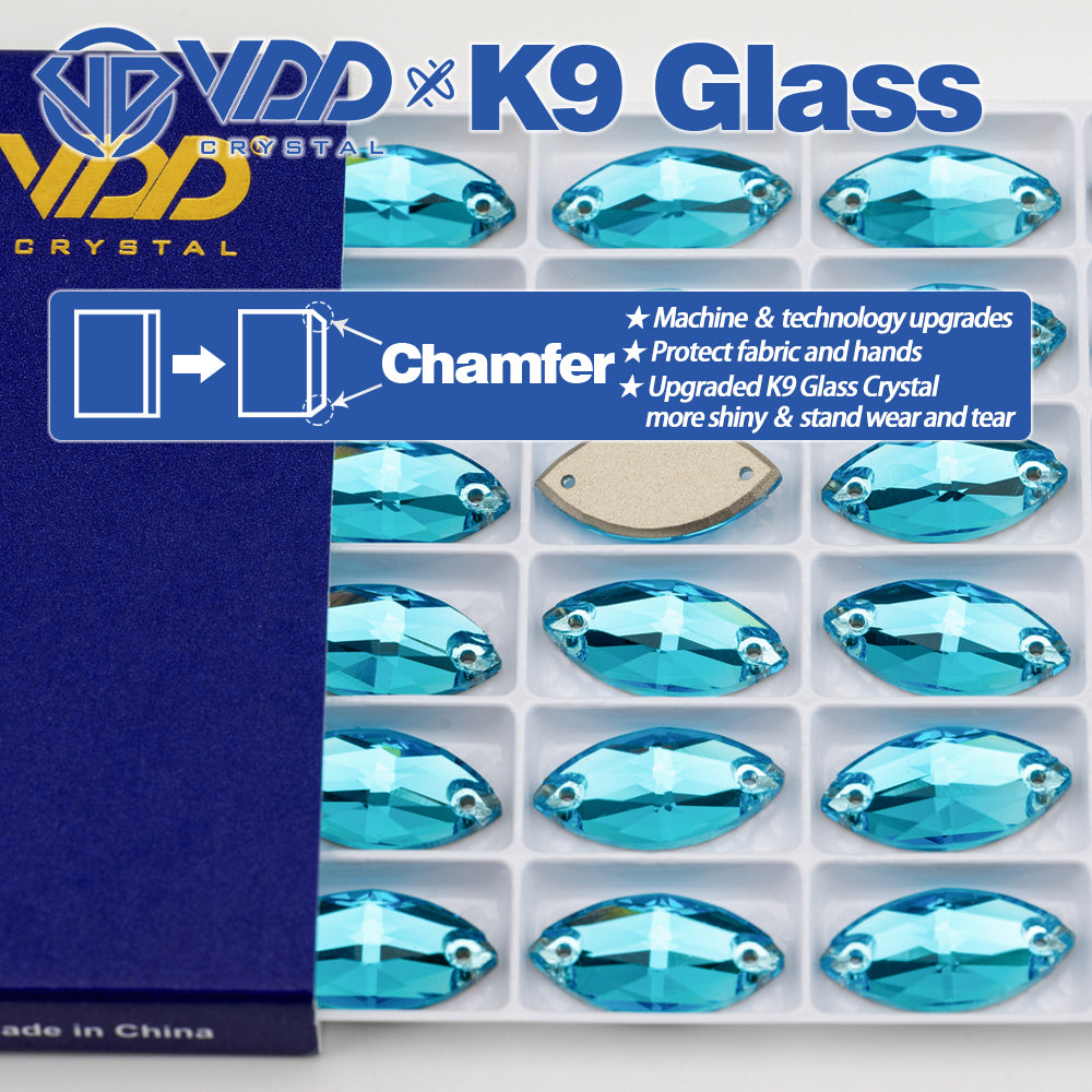 VDD S116 Aqua Blue Navette Top Quality K9 Glass Sew on Rhinestones Crystal Flatback Sewing Strass Stones for Garment Decorations