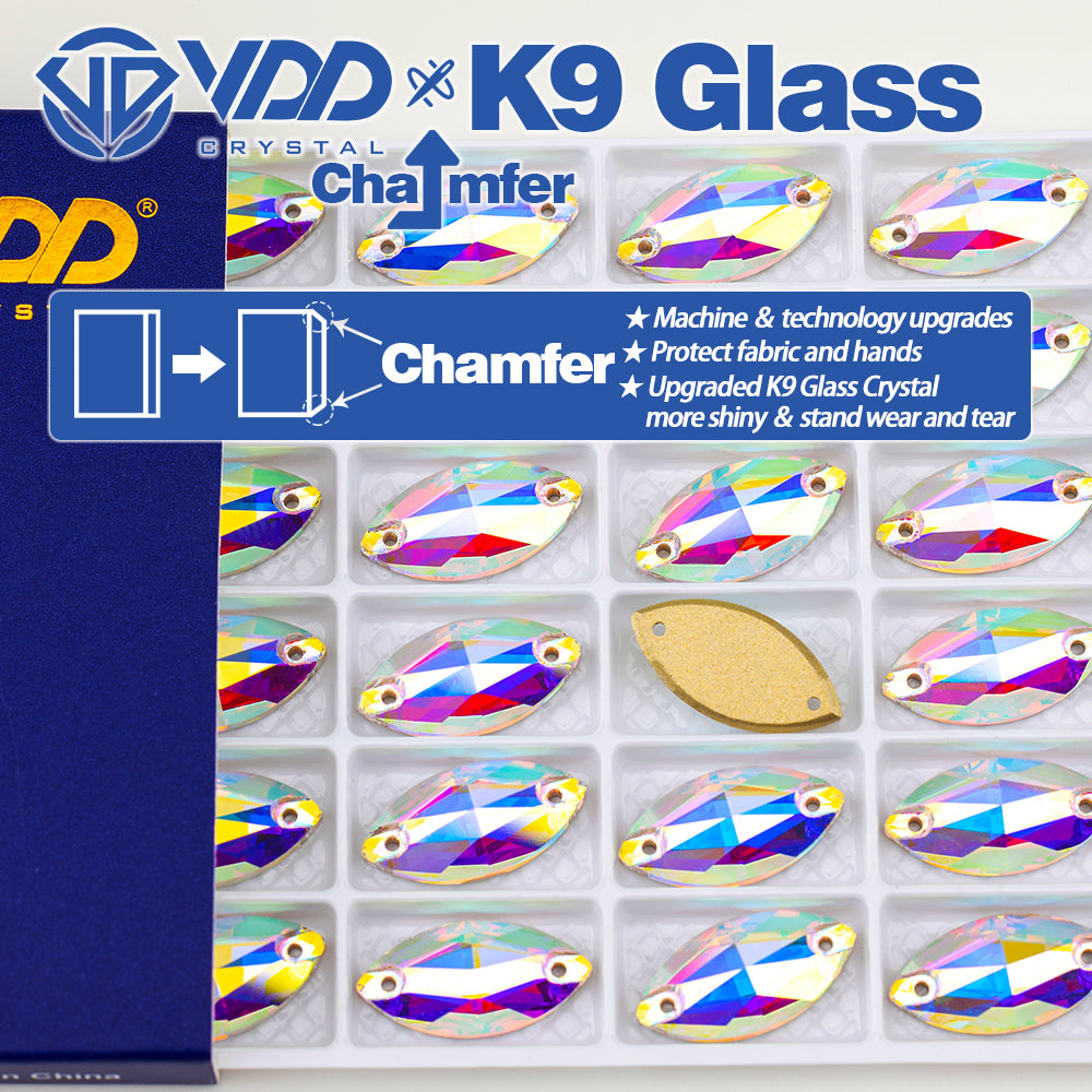 VDD S255 Crystal AB Navette Top Quality K9 Glass Sew on Rhinestones Crystal Flatback Sewing Strass Stones for Garment Decorations