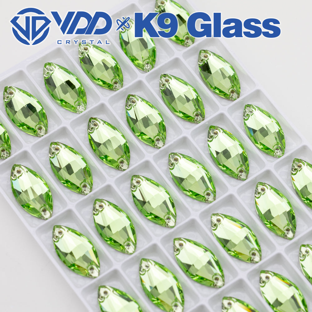 VDD S112 Lt.Peridot Navette Top Quality K9 Glass Sew on Rhinestones Crystal Flatback Sewing Strass Stones for Garment Decorations