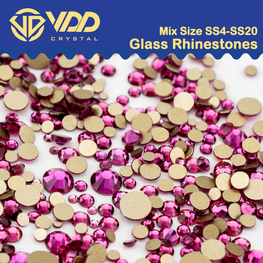 VDD 042 Fuchsia Mix Size SS4-SS20 Clear Crystal Rhinestones Non-hotfix Gold Flatback Glitter Stones Nail Art Crafts DIY Decorations
