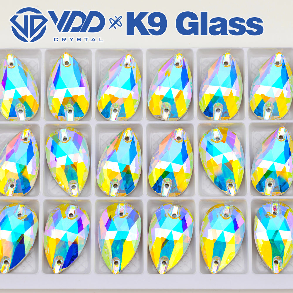 VDD S255 Crystal AB Pear Top Quality K9 Glass Sew on Rhinestones Crystal Flatback Sewing Strass Stones for DIY Garment Decorations