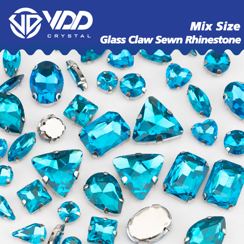 VDD  Aquamarine Multi Shape Mix Size Glass Sew on Rhinestones Crystal Flatback Stones For DIY Shoes Accessories