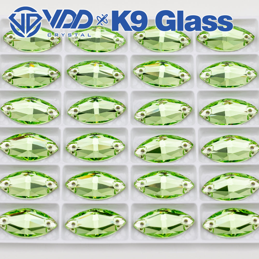VDD S112 Lt.Peridot Navette Top Quality K9 Glass Sew on Rhinestones Crystal Flatback Sewing Strass Stones for Garment Decorations