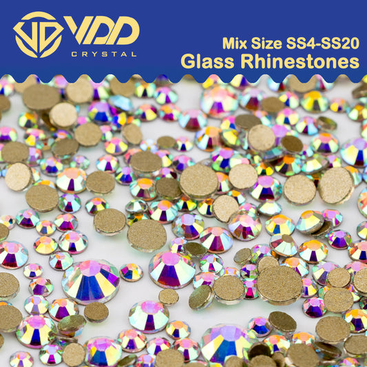 VDD 055 Crystal AB Mix Size SS4-SS20 Clear Crystal Rhinestones Non-hotfix Gold Flatback Glitter Stones Nail Art Crafts DIY Decorations