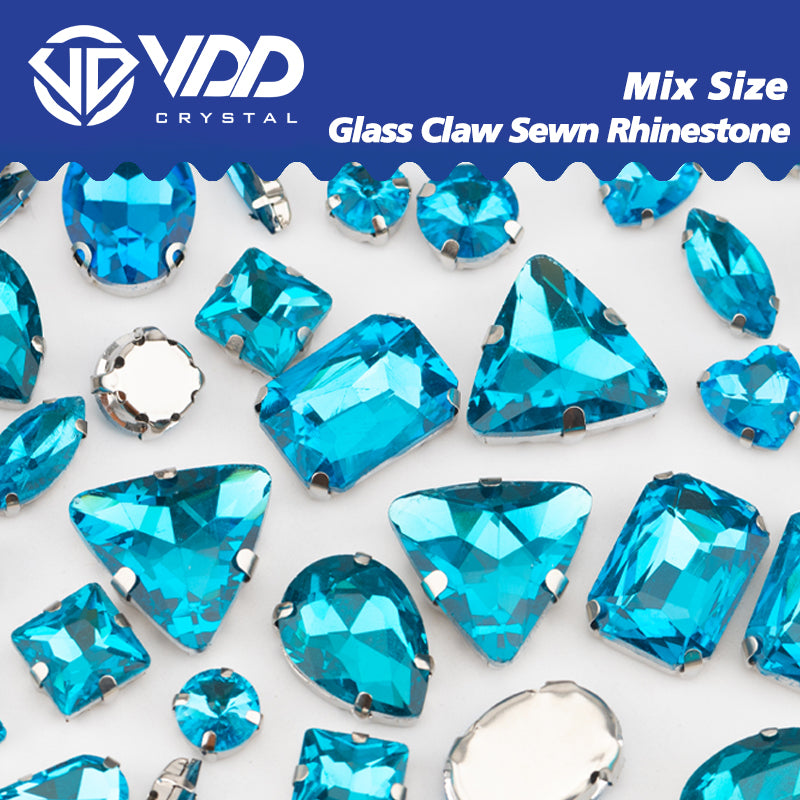 VDD  Aquamarine Multi Shape Mix Size Glass Sew on Rhinestones Crystal Flatback Stones For DIY Shoes Accessories