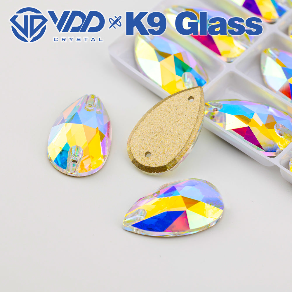 VDD S255 Crystal AB Pear Top Quality K9 Glass Sew on Rhinestones Crystal Flatback Sewing Strass Stones for DIY Garment Decorations