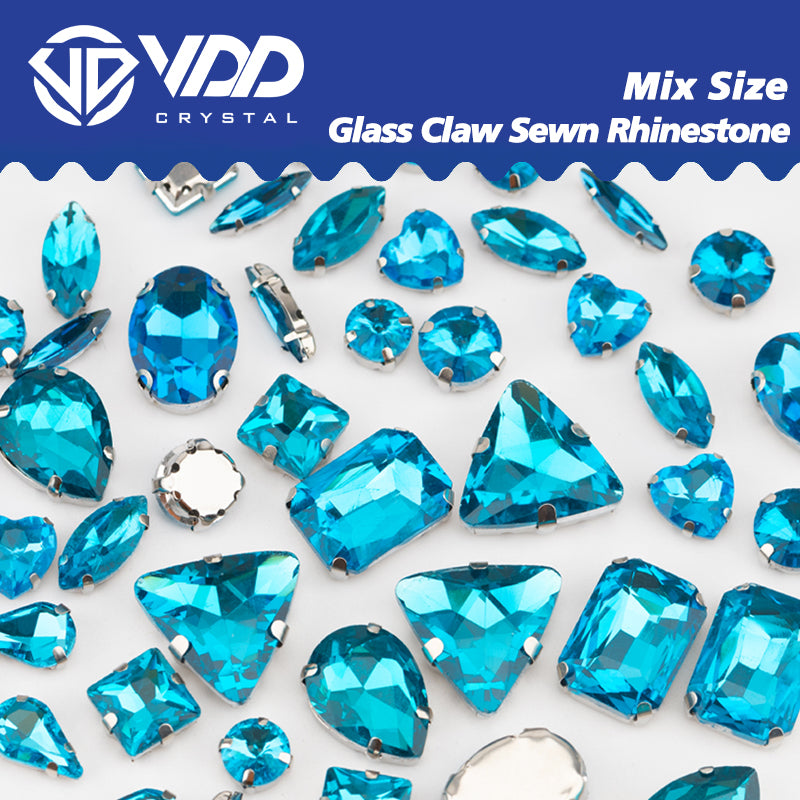 VDD  Aquamarine Multi Shape Mix Size Glass Sew on Rhinestones Crystal Flatback Stones For DIY Shoes Accessories