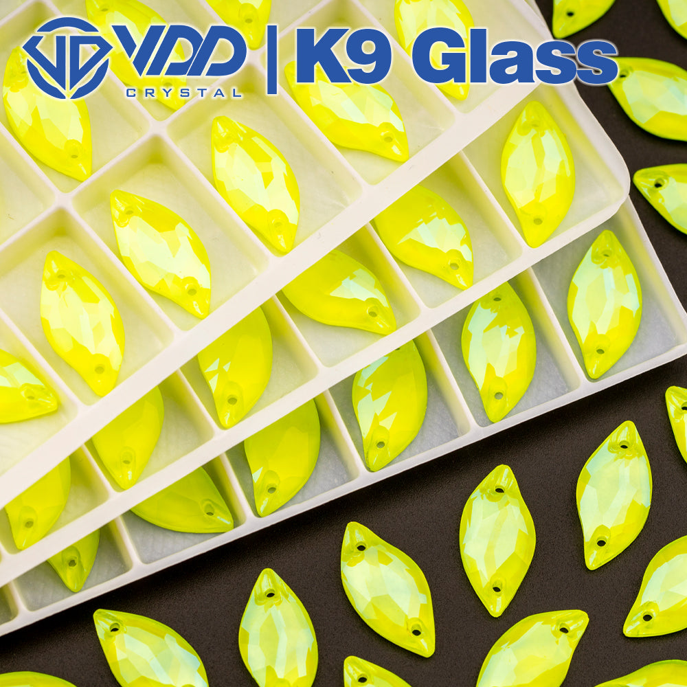 VDD 10x20mm Leaf Neon Lemon K9 Glass Sew on Rhinestones Sewing Crystal Flat Back Stones for Clothes Decorations Wedding Dress