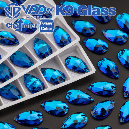 VDD Pear 11x18mm 24Pcs Bermuda Blue Top Quality K9 Glass Sew on Rhinestones Sewing Crystal Flatback for Garment Accessories