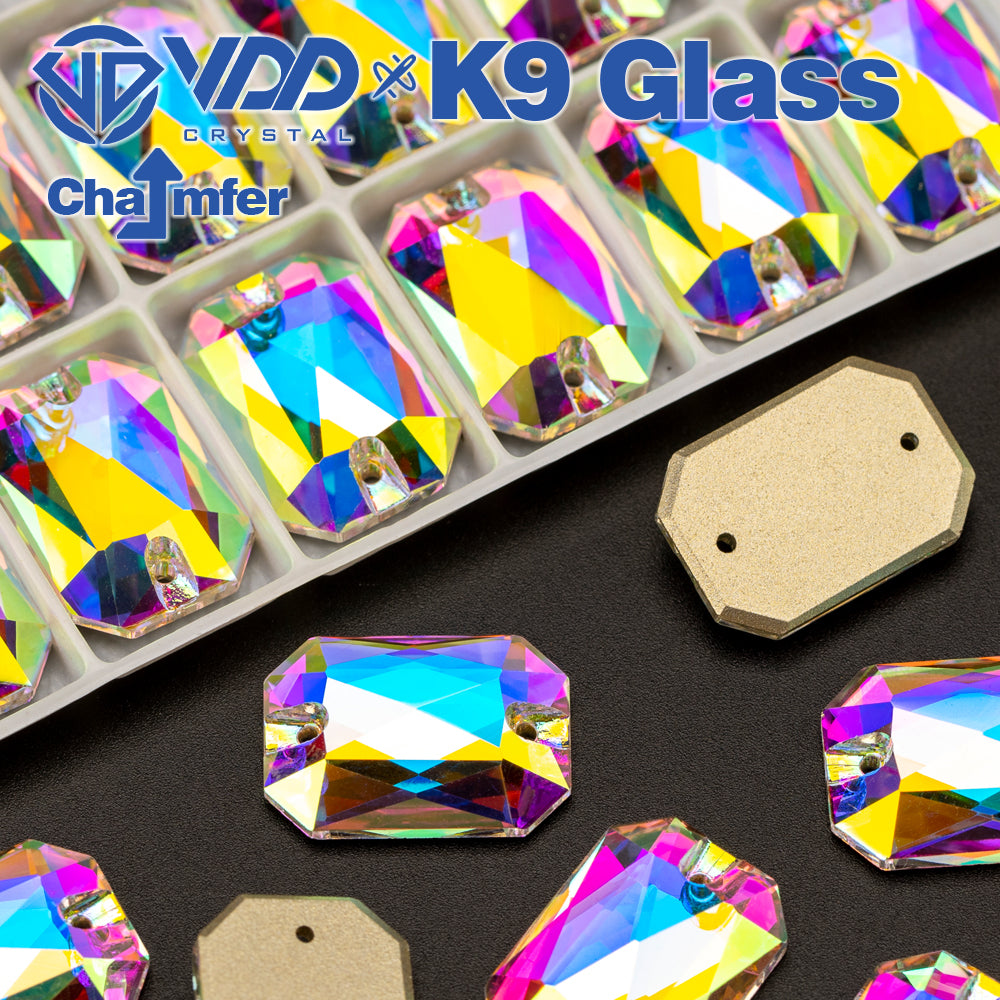 VDD S255 Crystal AB Emerald Cut  Top Quality K9 Glass Sew on Rhinestones Crystal Flatback Sewing Stones for Clothes Decorations
