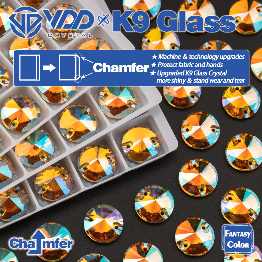 VDD Rivoli 12mm 40Pcs Burning Sun Color Top Quality K9 Glass Sew on Rhinestone Sewing Crystal Flatback Garment Decoration
