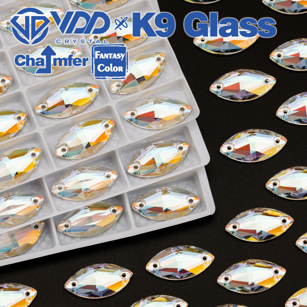 VDD Navette 9x18mm 36Pcs Aura Mirage Color Top Quality K9 Glass Sew on Rhinestone Sewing Crystal Flatback Clothes Decorations