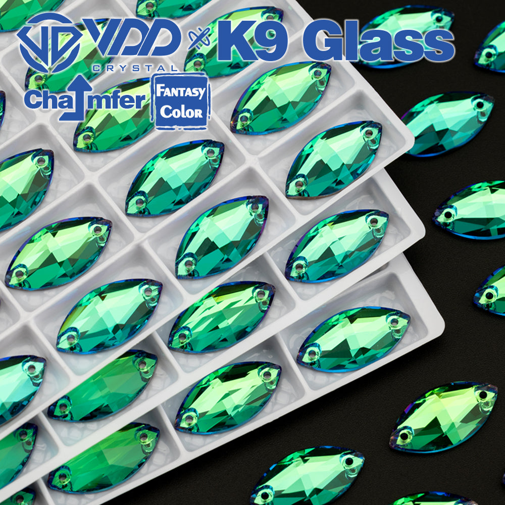 VDD Navette 9x18mm 36Pcs Luxe Green Color Top Quality K9 Glass Sew on Rhinestone Sewing Crystal Flatback Clothes Decorations