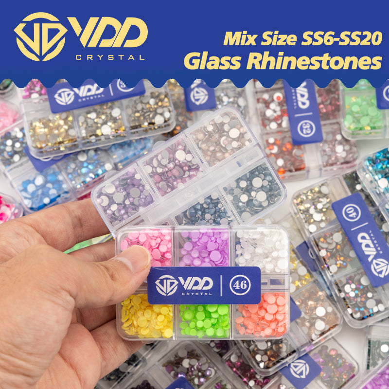 VDD  DC-032  SS6-SS20 Mix Size 6 Grid Box Glass Rhinestones Crystal Flatback Glitter Stones For Nail Art Accessorie DIY Crafts Decoration