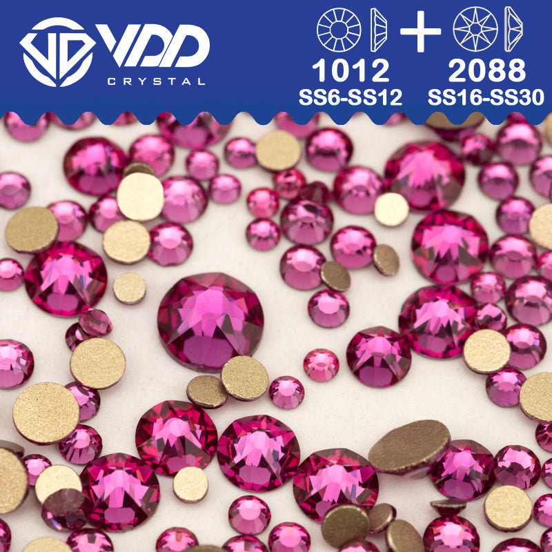 VDD 042 Fuchsia Wholesale Mix Size SS6-SS30 High Quality Glass 2088 Rhinestones Crystal Gold Flatback Strass Stones Nail Art DIY Decorations