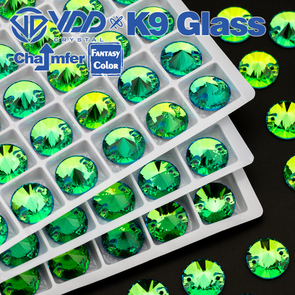 VDD Rivoli 12mm 40Pcs Luxe Green Top Quality K9 Glass Sew on Rhinestone Sewing Crystal Flatback Clothes Decorations