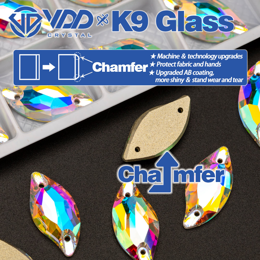 VDD S255 Crystal AB Leaf Top Quality K9 Glass Sew on Rhinestones Crystal Flatback Sewing Stones for Clothes Decorations