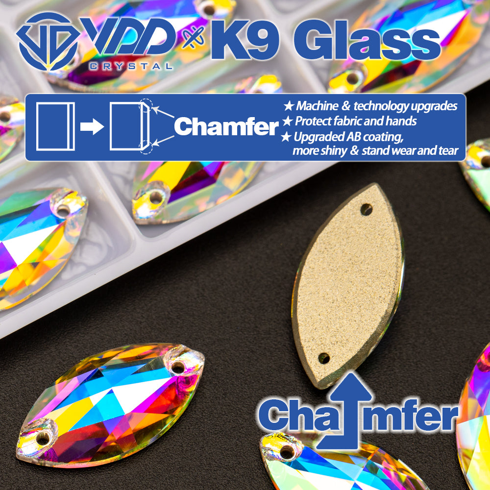 VDD S255 Crystal AB Navette Top Quality K9 Glass Sew on Rhinestones Crystal Flatback Sewing Strass Stones for Garment Decorations