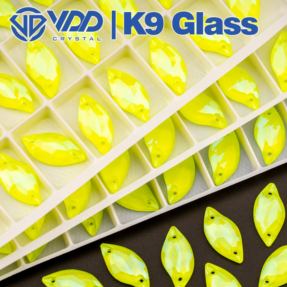 VDD 10x20mm Leaf Neon Lemon K9 Glass Sew on Rhinestones Sewing Crystal Flat Back Stones for Clothes Decorations Wedding Dress