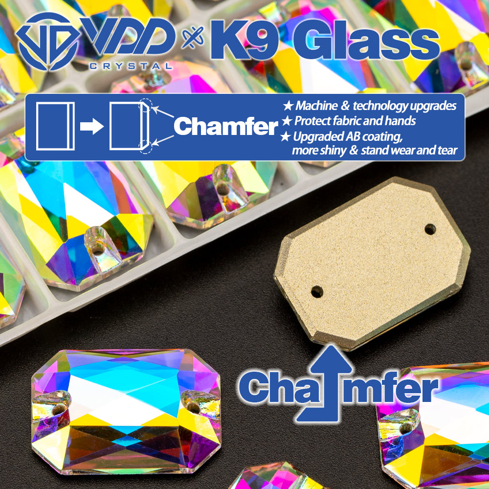 VDD Emerald Cut Top Quality K9 Glass Sew on Rhinestones Sewing Crystals AB Flatback Stones for Clothes Craft Wedding Dress