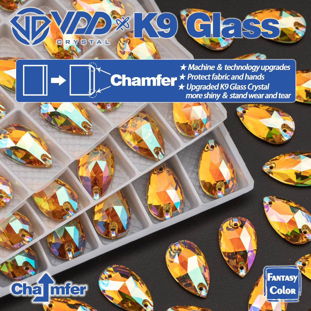 VDD Pear 11x18mm 24Pcs Burning Sun Fantasy Color K9 Glass Sew on Rhinestones Sewing Crystals Flat Back Stones for Clothes Accessories