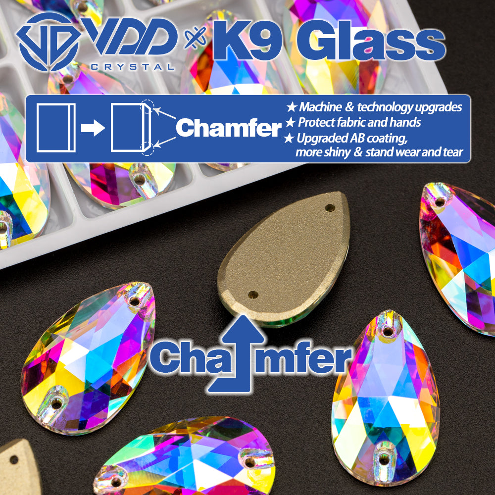 VDD S255 Crystal AB Pear Top Quality K9 Glass Sew on Rhinestones Crystal Flatback Sewing Strass Stones for DIY Garment Decorations