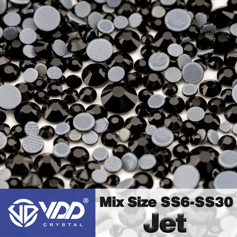 VDD 002 Jet Wholesale SS6-SS30 Hotfix Mix Size Glass Rhinestone Crystal Flat Back High Quality Strass Stones For DIY Clothes Accessories