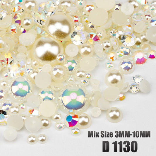VDD D1130 New 30/60/200g Mix Size 3mm-10mm Half Round Pearls Resin Rhinestone Flatback Color Beads For Nail Art DIY Crafts Decorations