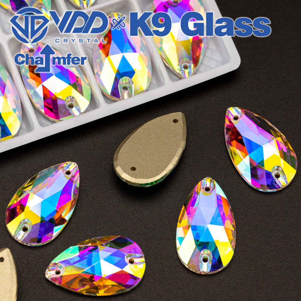 VDD S255 Crystal AB Pear Top Quality K9 Glass Sew on Rhinestones Crystal Flatback Sewing Strass Stones for DIY Garment Decorations