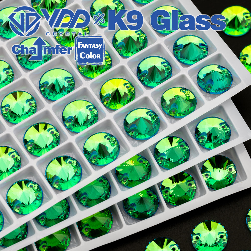 VDD Rivoli 12mm 40Pcs Luxe Green Top Quality K9 Glass Sew on Rhinestone Sewing Crystal Flatback Clothes Decorations