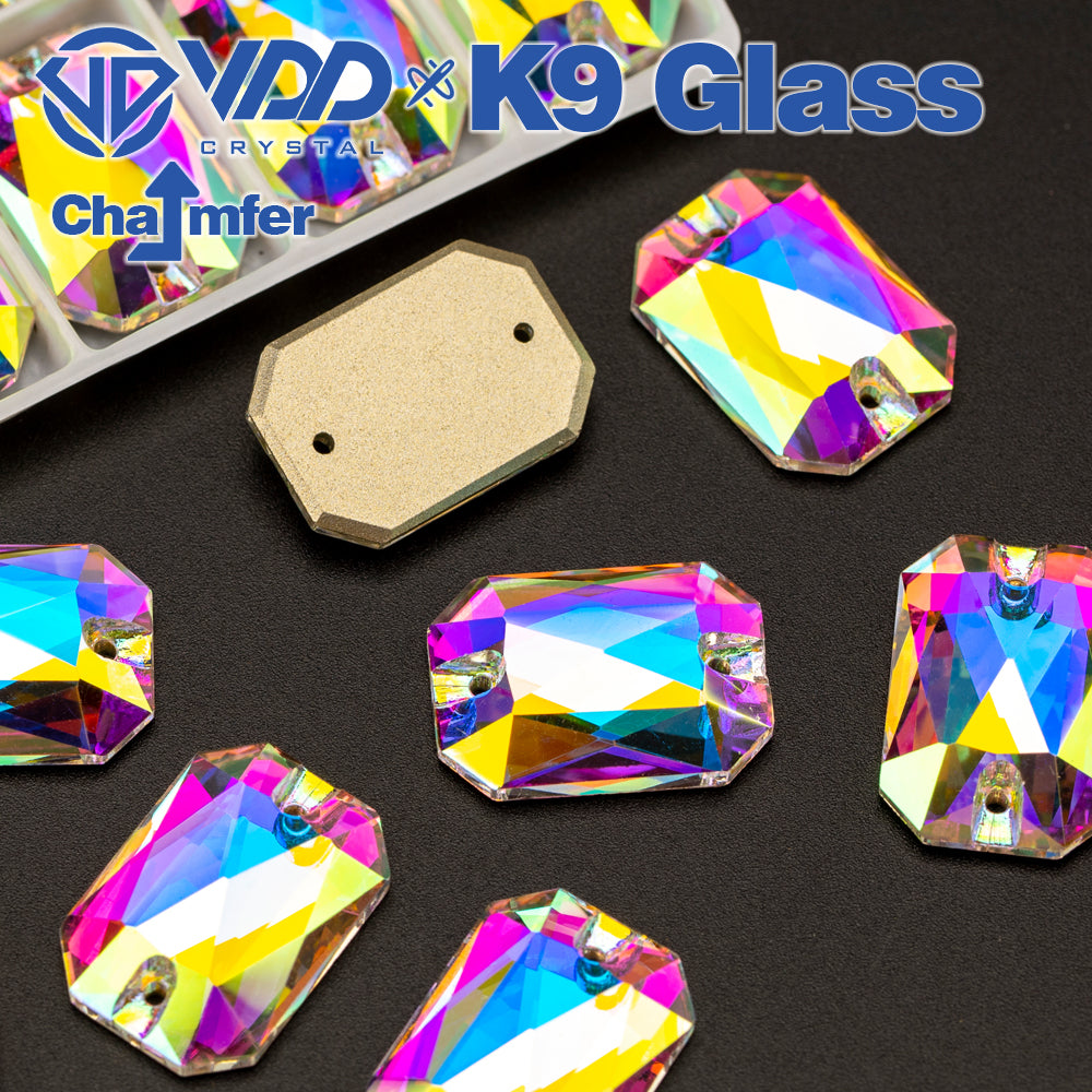 VDD Emerald Cut Top Quality K9 Glass Sew on Rhinestones Sewing Crystals AB Flatback Stones for Clothes Craft Wedding Dress