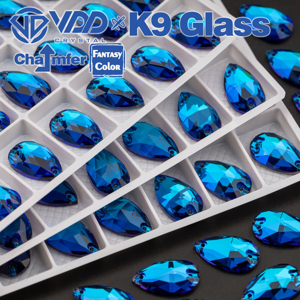 VDD Pear 11x18mm 24Pcs Bermuda Blue Top Quality K9 Glass Sew on Rhinestones Sewing Crystal Flatback for Garment Accessories