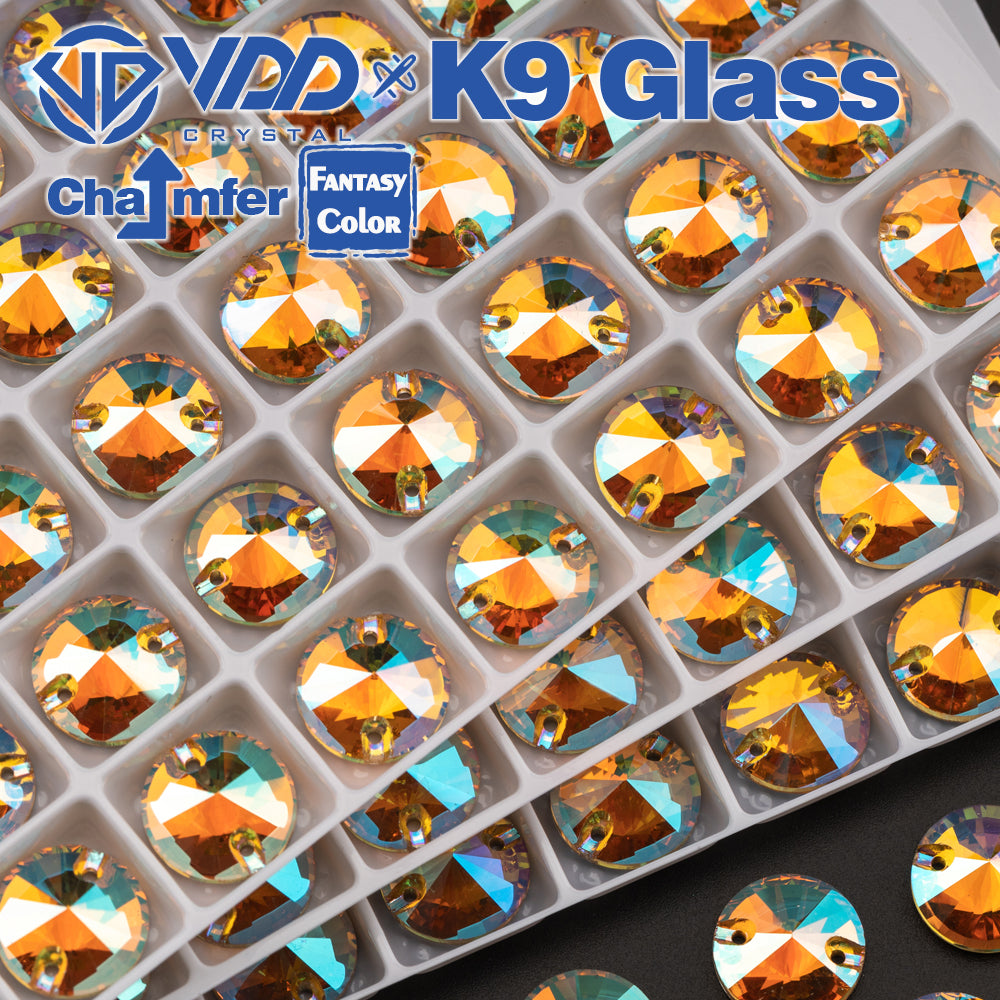 VDD Rivoli 12mm 40Pcs Burning Sun Color Top Quality K9 Glass Sew on Rhinestone Sewing Crystal Flatback Garment Decoration